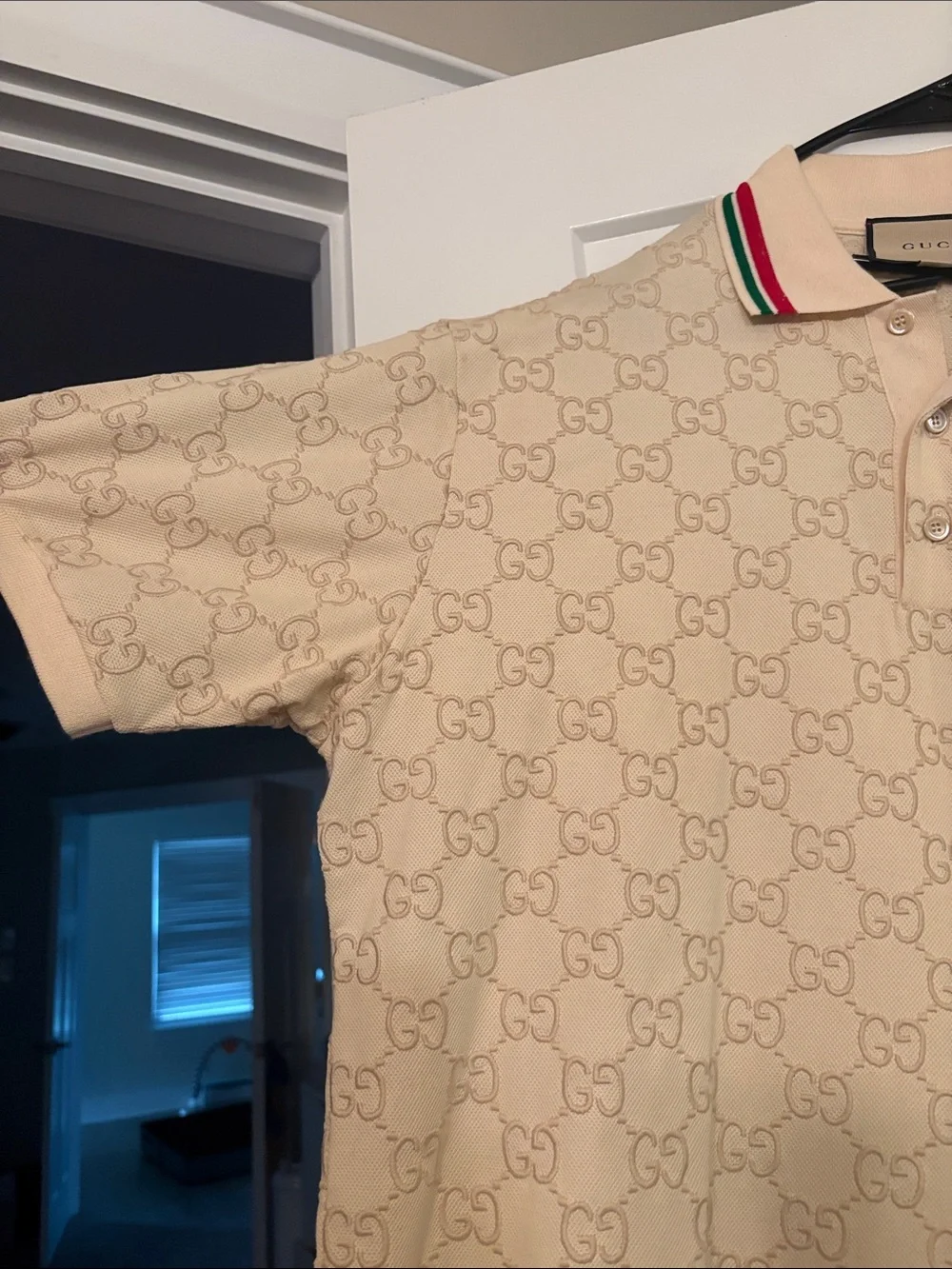 AUTHENTIC Gucci Beige GG Embossed Monogram Polo Shirt Button Up XL